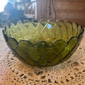 Vintage Indiana Green Glass Candy Bowl w/Scalloped Edges